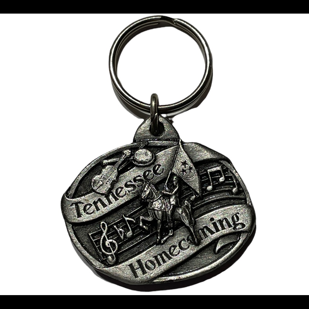 Tennessee Homecoming Vtg Keychain 1986 Buckle Co Inc Man On Horse W Flag Music